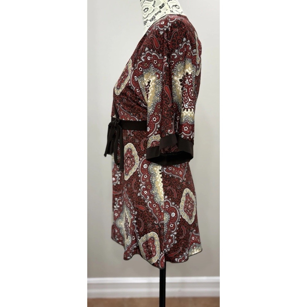 Y2K Vintage Babydoll Top Medium Burgundy Cottagecore V Neck Short‎ Slv Tie Retro - Picture 2 of 11